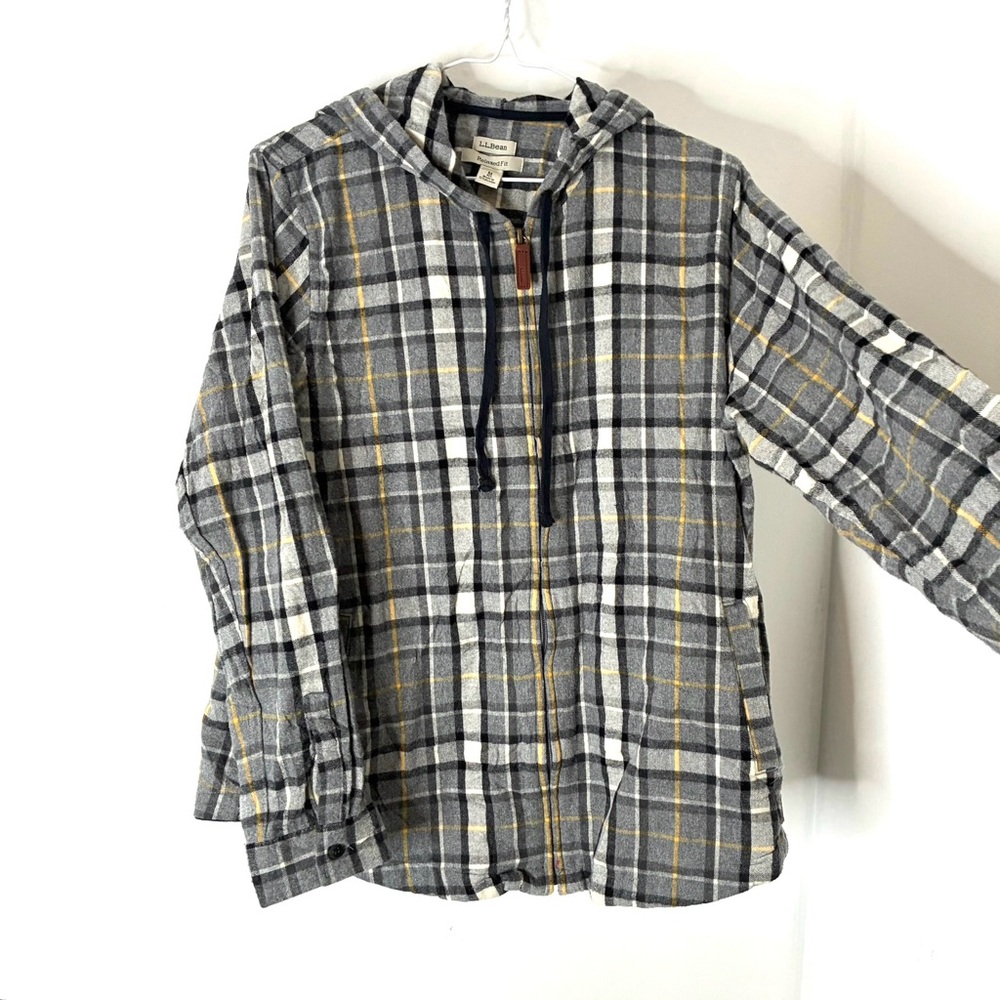 L.L. Bean Grey Yellow Plaid Flannel Hooded Zip Jacket